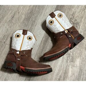 Huraches Kids Western Cowboy Ankle Boots 13.5 Brown White Zipper Detail Fun